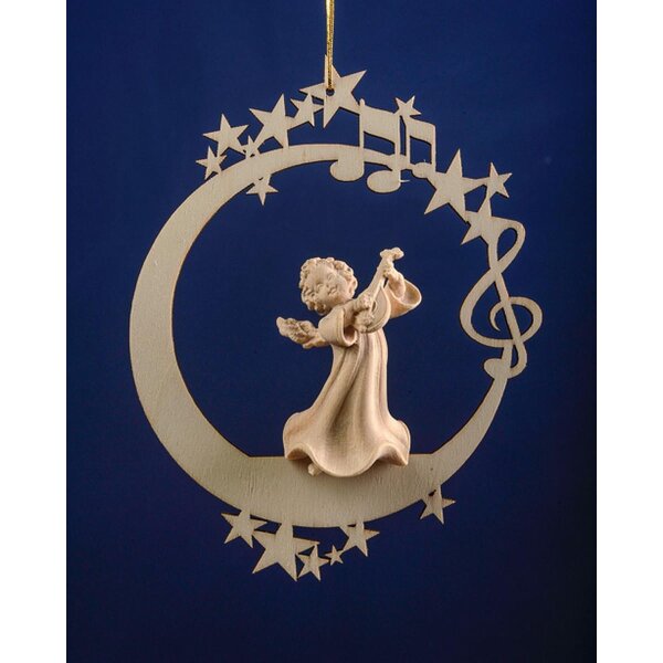 Engel mit Mandoline auf Mond &.Sterne - Holz roh gelassen - Natur  (NR) - 12,5 cm