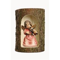 Bell angel with violin in a tree trunk