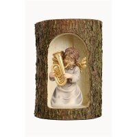Bell angel with tuba in a tree trunk