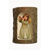 Bell angel, stand. with flute in a tree trunk