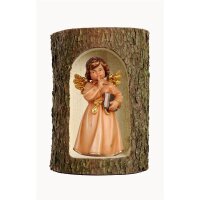 Bell angel, stand. with book in a tree trunk