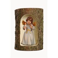 Bell angel, stand. w.candle in a tree trunk