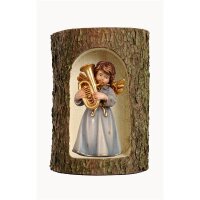 Bell angel, stand. with tuba in a tree trunk