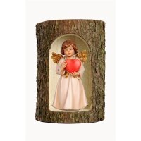 Bell angel, stand. with heart in a tree trunk