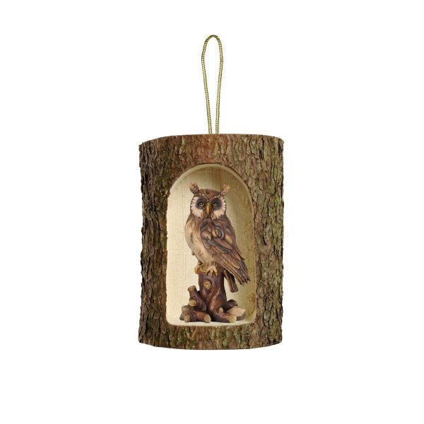 Owl on tree trunk+tree trunk hang. - colored - 2 inch