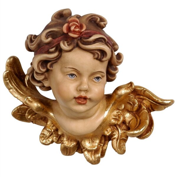 Testa angelo Leonardo con rosa sinistra - cera.filo oro - 5,5 cm