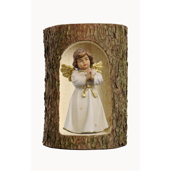 Bell angel, stand. praying in a tree trunk - colored - 3 inch