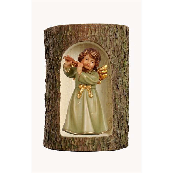 Bell angel, stand. with flute in a tree trunk - colored - 3 inch
