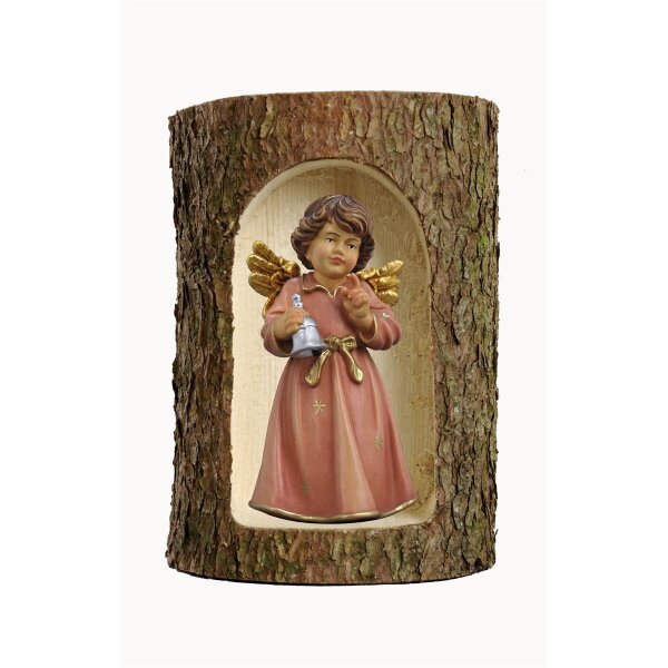 Bell angel, stand. with bell in a tree trunk - colored - 3 inch