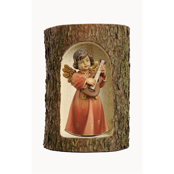 Bell angel, stand. w. guitar in a tree trunk - colored - 3 inch