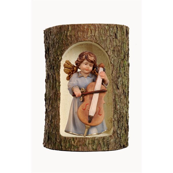 Bell angel, stand.with duble-bass in a tree trunk - colored - 3 inch