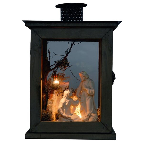Woodern lantern with stable and family S 13cm