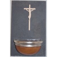 Aquasantiera su pietra ardesia con croce di Gesù l