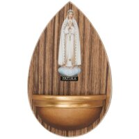 Holy water font in wood with Our Lady of Fatimá