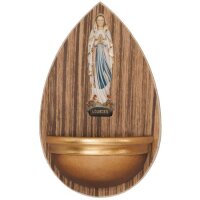 Holy water font in wood with Our Lady of Lourdes