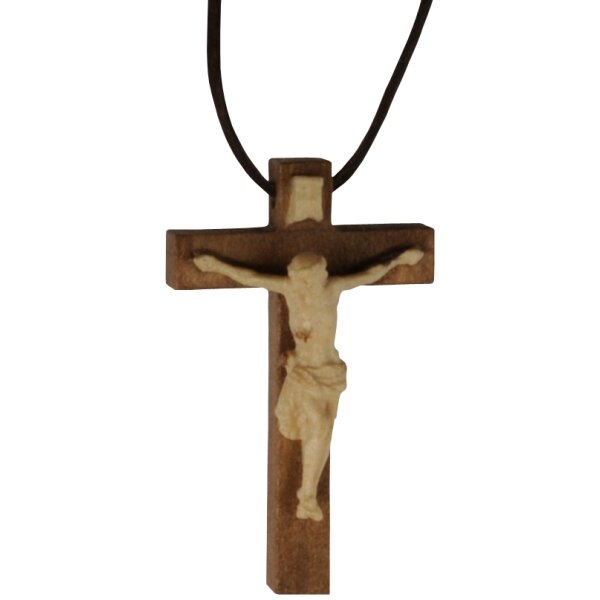 Anhänger - Kreuz mit Jesus, Holz mit Schnüre - gebeizt - 3,6 cm