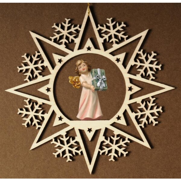 Crystal star with angel present - natural wood - 4,72 inch