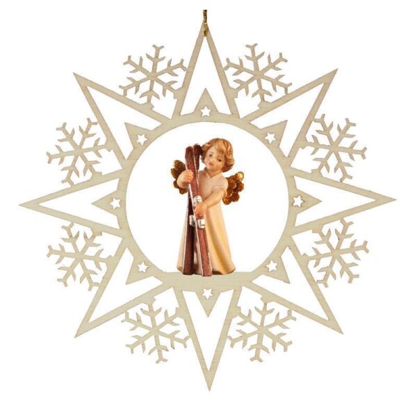 Crystal star with angel ski - natural wood - 4,72 inch