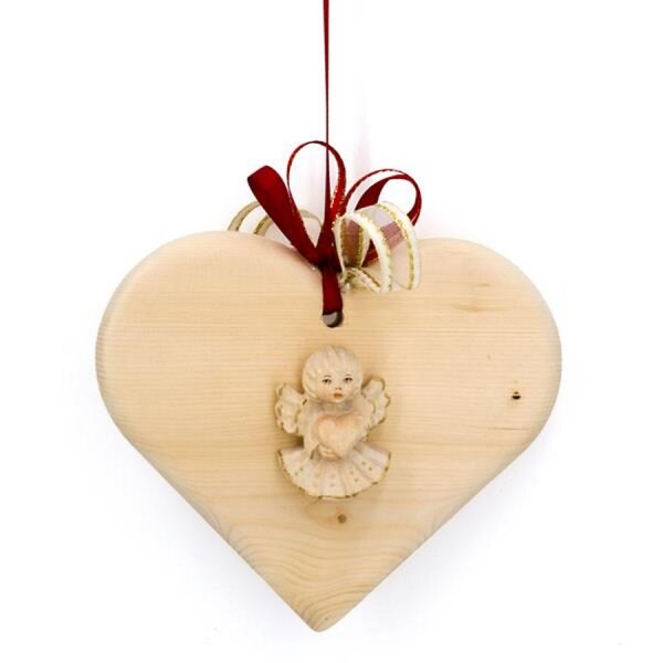 Pine wood heart with angel present - gold board - 5,5 inch