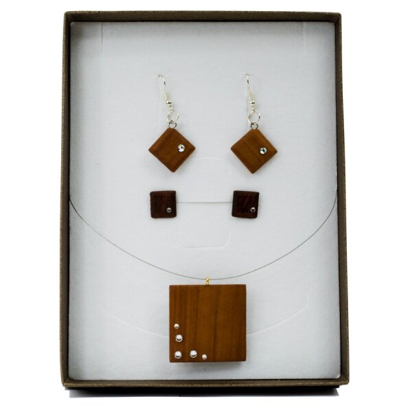 Set of jewels SQUARE with necklace and earrings - natural with cristal - 0,8 inch