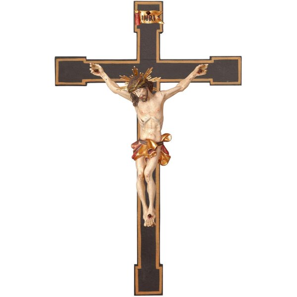 Crocifisso barocco con aureola su croce romenica