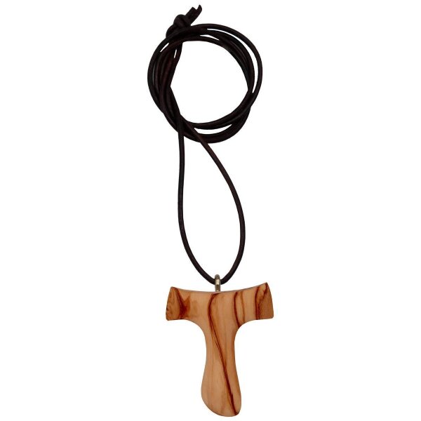 Halskette mit Tau-Kreuz Oliv - mit Lederband braun