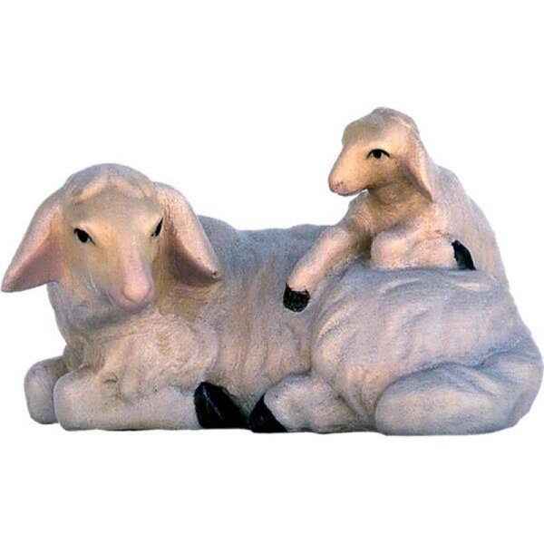 Schaf liegend mit Lamm - Lasiert - 9 cm